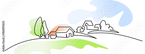 Landscape with village houses on hill. Continuous one line drawing, vector illustration of a landscape