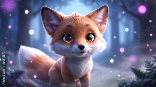 Adorable cartoon fox cub exploring a magical enchanted forest at night with glowing lights.