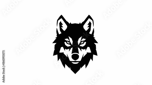 Striking Black and White Wolf Head Logo Icon with Intense Eyes and Sharp Features