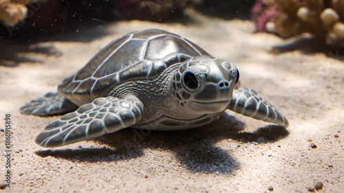 Adorable Baby Sea Turtle Resting on Sandy Ocean Floor with Coral in Background.