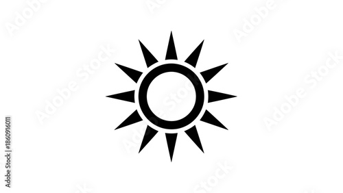 Stylized black sun icon with sharp rays on a clean white background a simple representation of the