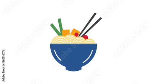 Stylized illustration of a vibrant bowl of noodles with chopsticks and fresh toppings