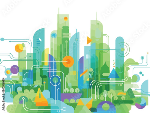 A vibrant, abstract illustration of a modern smart city with interconnected green buildings and technological elements, symbolizing sustainable urban development and digital infrastructure.