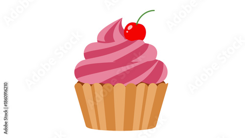 A delicious cartoon cupcake with pink frosting and a cherry on top