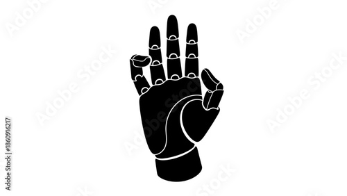 A detailed silhouette of a black robotic hand making the okay symbol gesture with white accents