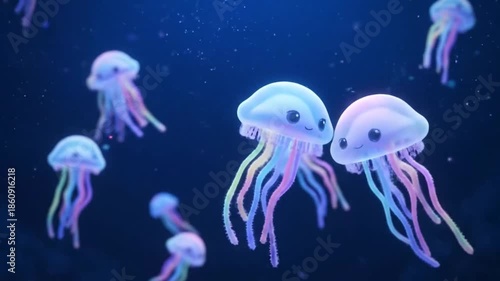 Beautifully glowing jellyfish gracefully swimming in deep blue ocean water.