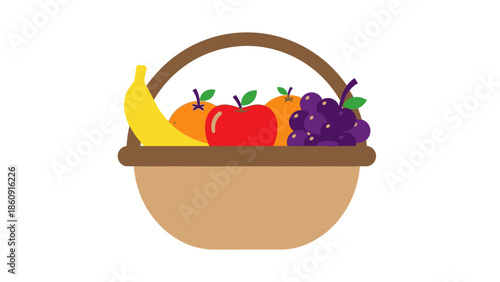 A Flat Design Illustration of a Whimsical Fruit Basket Filled with Fresh Produce