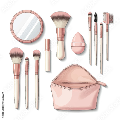 A cartoon-style illustration of a pink makeup bag and various makeup brushes with a mirror and other tools on a clean white background.