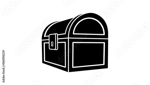 A minimalist black and white graphic of a classic treasure chest with a lock