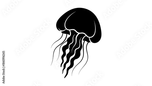A simple black silhouette of a jellyfish floating in the water with its tentacles trailing elegantly