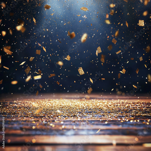Golden confetti raining down onto a wooden floor with a dark blue background, creating a festive, sparkling scene