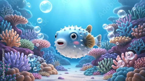 Cute Pufferfish Swimming in a Vibrant Coral Reef Underwater Scene.