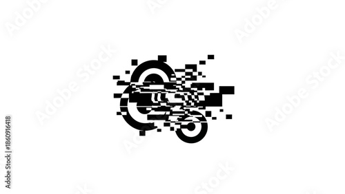 Abstract black and white circular glitch art design with pixelated elements