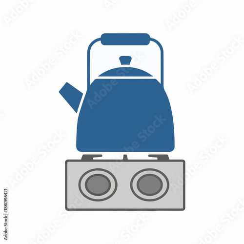 A blue kettle on a stove heating up with a clear view