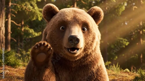 Friendly animated bear waving hello in a vibrant sunlit forest.
