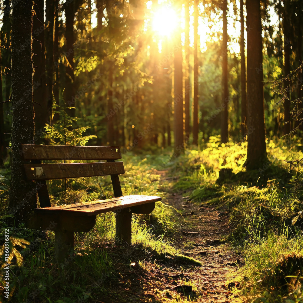Fototapeta premium Golden sunlight streams through a tranquil forest, illuminating a vacant wooden bench beside a winding path