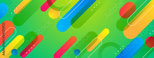 Green background with colorful capsule shapes and circles, suitable for creative and vibrant graphic design projects and medical or wellness themes