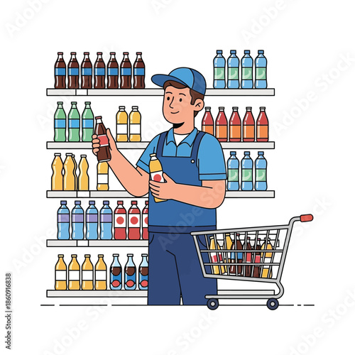 A store clerk holding a bottle of drink in front of a shelf full of various beverages