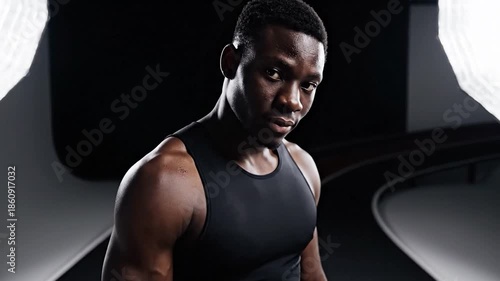 A muscular black man in a black athletic tank stares forward. A track layout in background