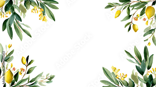 Elegant Mediterranean wedding invitation ornament with olive branches bougainvillea flowers and lemon details in delicate watercolor vector style
