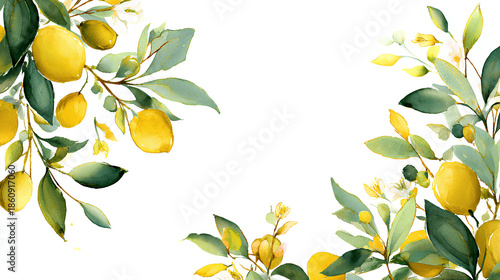 Elegant Mediterranean wedding invitation ornament with olive branches bougainvillea flowers and lemon details in delicate watercolor vector style
