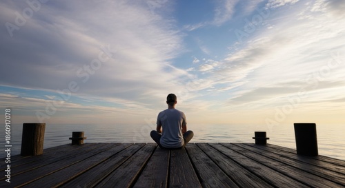 Man sitting quietly on a wooden pier at sunset, contemplating the vast ocean view. Symbolizing freedom, mindfulness, and lifestyle balance.