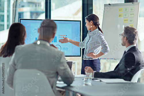 Photos Speaker, data and meeting with business woman in office for sql database, finance metrics and review