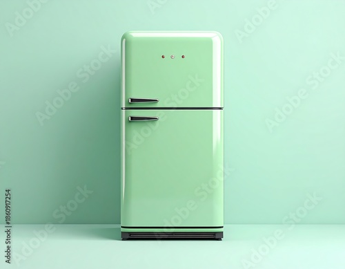 A mint-green retro refrigerator stands upright against a matching wall. The door features a horizontal handle