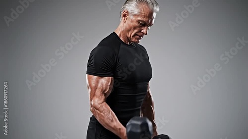 Muscular, older man in black shirt lifting dumbbells, against a gray background