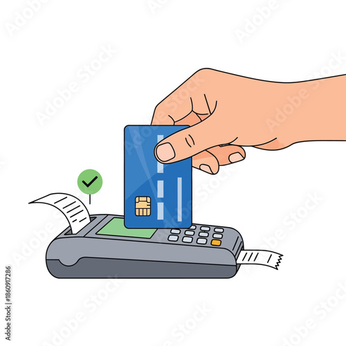 Hand holding credit card over card reader with receipt printing