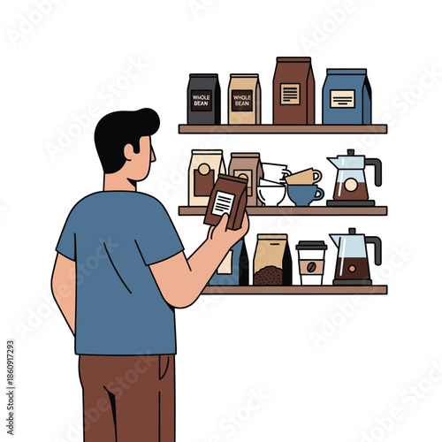 A man scanning coffee products on store shelves with various coffee makers and bags