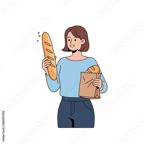 A woman holding a baguette and a paper bag with bread, standing in a simple background.