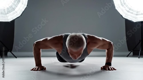 Muscular man does push-ups in studio, lit by softboxes. Monochrome environment, strong physique