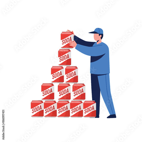 Man stacking soda cans in a pyramid formation