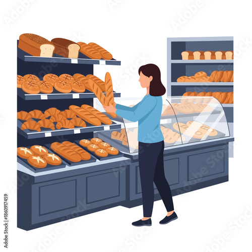Woman selecting bread from a bakery display case in a store