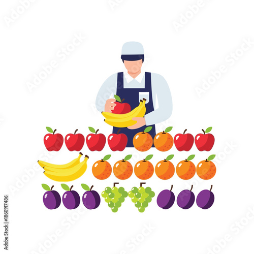 A vendor holding a basket of fresh produce surrounded by various fruits arranged in rows