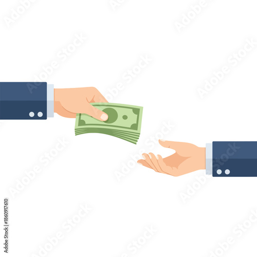 Conceptual flat design illustrating a financial transaction with hands exchanging money, symbolizing payment or transfer