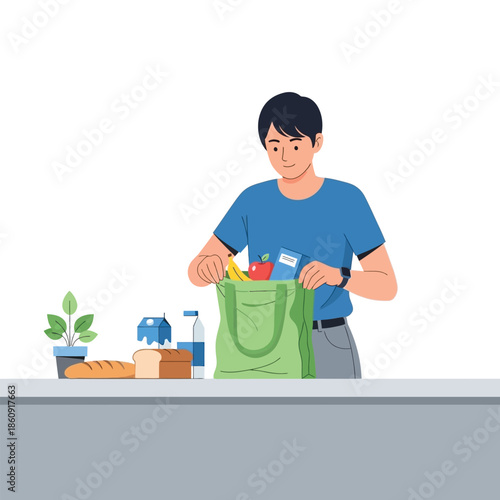 Happy man organizing recently purchased healthy food items from an eco-friendly grocery bag