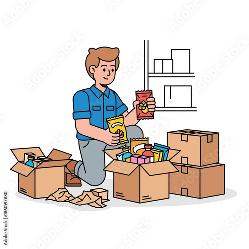 Man Packing Boxes with Food Items for Storage or Delivery