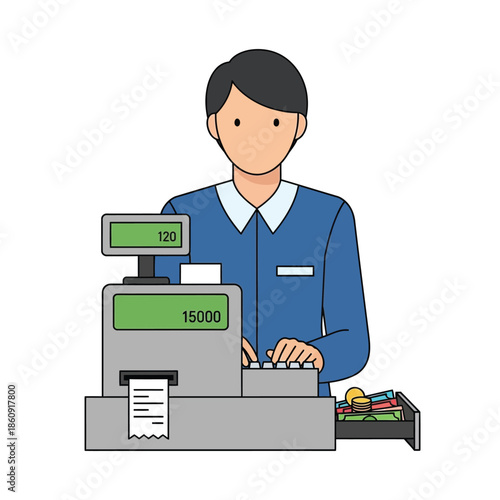 Cashier Operating a Vintage Cash Register at a Checkout Counter