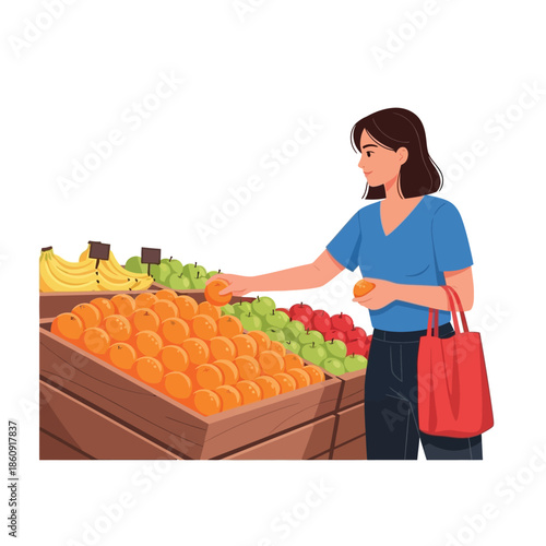 Woman picking fresh oranges from a wooden crate at a market