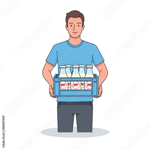 Man Carrying a Crate of Milk Bottles