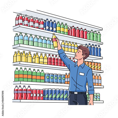 Man selecting a refreshing beverage from a fully stocked supermarket shelf, illustrating a typical grocery shopping experience
