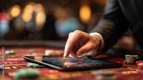 A hand using a digital tablet to play a casino  at a table.