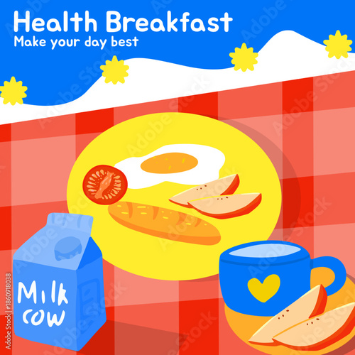breakfast with milk with vibrant cool colour and cute design 