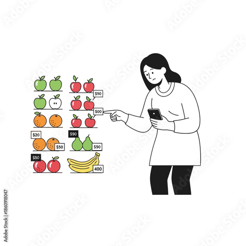 Shopper comparing fruit prices on a digital display, making informed consumer choices with a smartphone