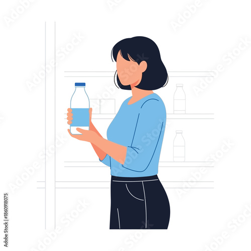 Young Woman Examines a Fresh Bottle of Milk, Making a Healthy Choice for Her Family