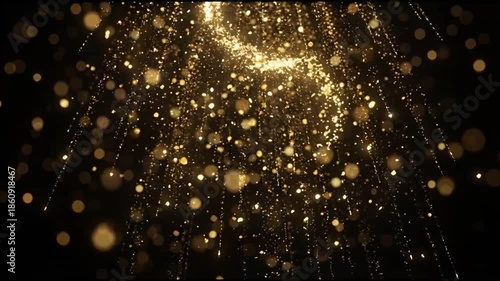 Golden Particles Falling Against Black Background in a Dark Studio Setting with Soft Lighting