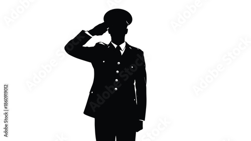 Black Silhouette of Military Officer in Uniform and Cap Performing a Respectful Hand Salute Isolated on a Clean White Background (Exactly 20 words)