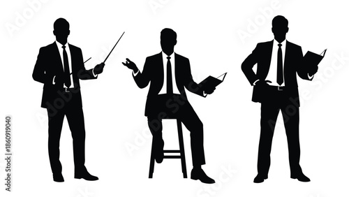 Professional Businessman Silhouettes with Blue Outlines Wearing Formal Suits Presenting Teaching and Gesturing while Holding Folders Isolated on White Background (Exactly 20 words)